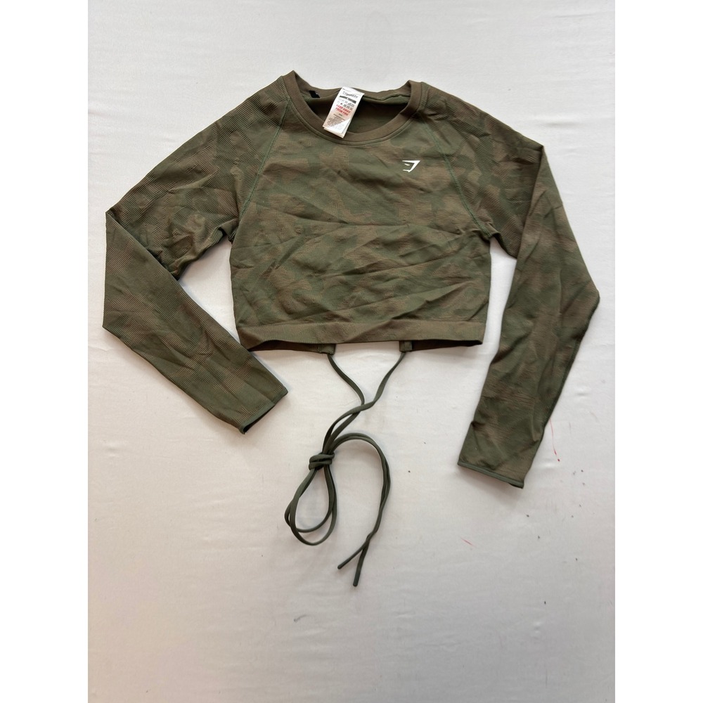 Gymshark Adapt Camo Seamless Long Sleeve Crop Top Green Camouflage Large